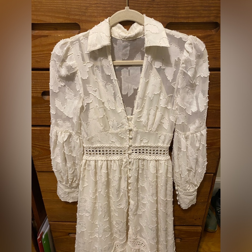 White Puff Sleeve Midi Dress with Ruffled Collar